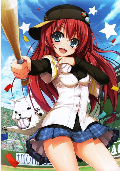 Anime picture 4931x6975 with tomose shunsaku single long hair tall image looking at viewer blush fringe highres open mouth blue eyes light erotic absurdres sky cloud (clouds) red hair scan baseball girl skirt animal