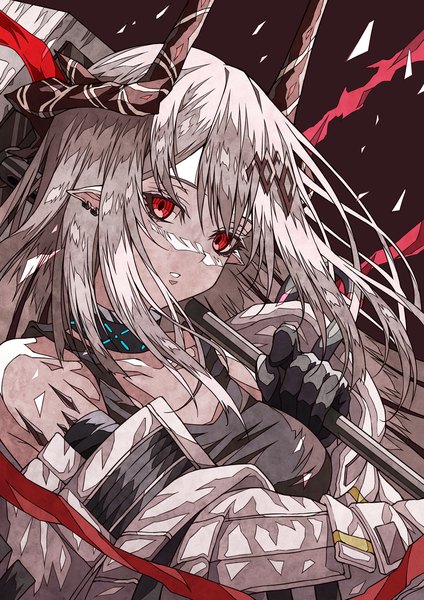 Anime picture 2480x3508 with arknights mudrock (arknights) shokikanes single long hair tall image fringe highres hair between eyes red eyes looking away silver hair upper body horn (horns) pointy ears oripathy lesion (arknights) girl gloves black gloves infection monitor (arknights)