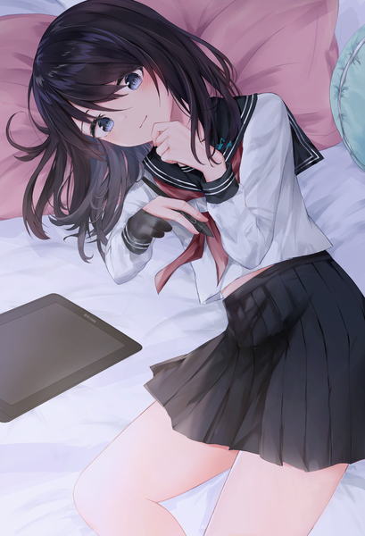 Anime picture 2413x3541 with original watanai72 single long hair tall image looking at viewer blush fringe highres blue eyes black hair hair between eyes holding bent knee (knees) indoors lying long sleeves pleated skirt on side hand to mouth