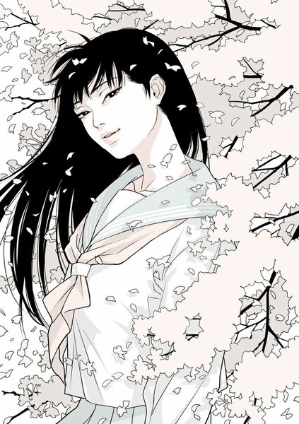 Anime picture 578x818 with original hiakko single long hair tall image looking at viewer fringe black hair smile ahoge parted lips pleated skirt lips black eyes cherry blossoms monochrome girl skirt uniform plant (plants)