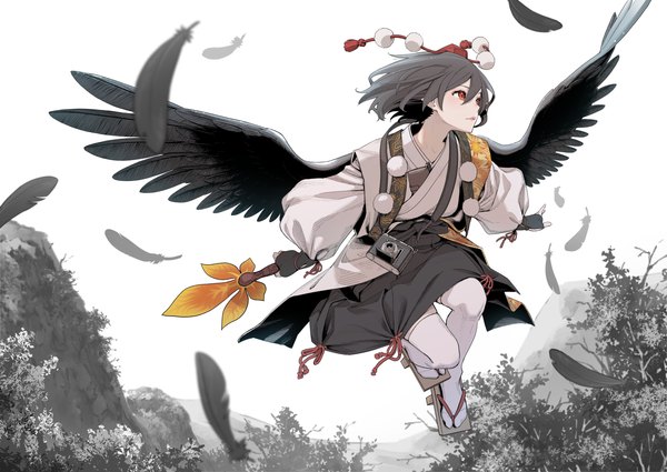 Anime picture 3541x2508 with touhou shameimaru aya kawayabug single highres short hair black hair red eyes looking away absurdres monochrome mountain flying black wings spot color tengu girl thighhighs plant (plants) white thighhighs