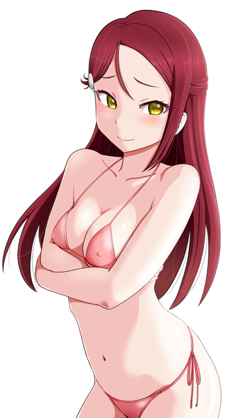 Anime picture 661x1123 with love live! sunshine!! sunrise (studio) love live! sakurauchi riko bakusai single long hair tall image looking at viewer blush fringe breasts light erotic simple background hair between eyes standing white background bare shoulders yellow eyes payot