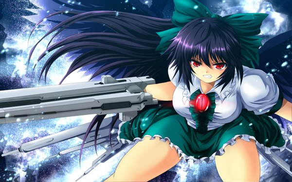 Anime picture 1920x1200 with touhou reiuji utsuho nekominase single long hair highres black hair red eyes wide image arm cannon girl skirt bow weapon hair bow miniskirt shirt green skirt