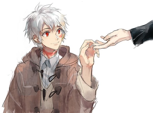 Anime picture 1200x885 with no.6 studio bones nezumi (no.6) shion (no.6) tekla short hair simple background smile red eyes white background looking away white hair multiple boys facial mark holding hands solo focus boy 2 boys coat hand