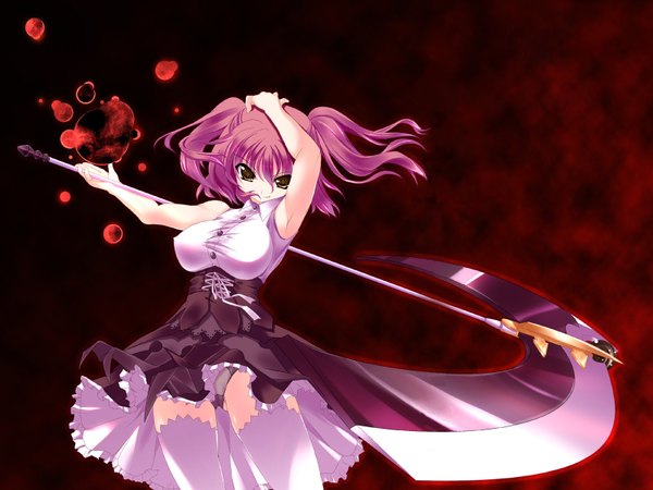 Anime picture 1600x1200 with original kagura tsukune single long hair breasts light erotic simple background brown hair large breasts pink hair sleeveless girl thighhighs underwear panties weapon white thighhighs