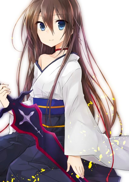 Anime picture 1000x1412 with seirei tsukai no blade dance restia ashdoll kazehaya kamito ren ashbell mikoto kei single long hair tall image looking at viewer fringe blue eyes simple background hair between eyes brown hair white background sitting holding bent knee (knees) traditional clothes japanese clothes