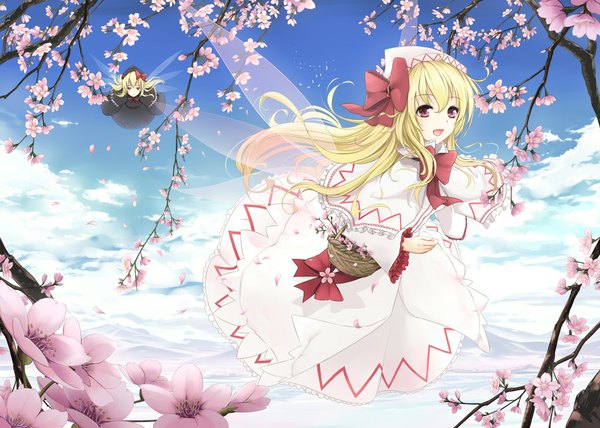 Anime picture 2000x1428 with touhou lily white lily black cloudy.r long hair highres blonde hair red eyes multiple girls cloud (clouds) cherry blossoms flying girl dress flower (flowers) bow 2 girls hair bow petals wings