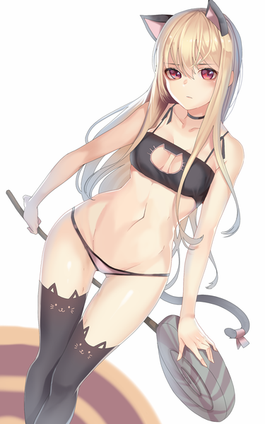 Anime picture 1600x2560 with original torano single long hair tall image fringe light erotic simple background blonde hair hair between eyes red eyes white background animal ears tail animal tail from above cat ears cat girl cat tail thigh gap