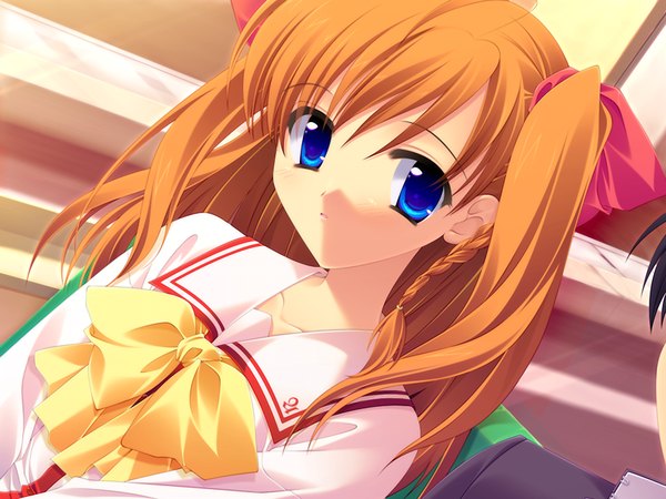 Anime picture 1024x768 with honey coming kamijou asahi long hair looking at viewer fringe blue eyes hair between eyes game cg upper body braid (braids) orange hair two side up solo focus side braid head out of frame girl boy uniform ribbon (ribbons) hair ribbon