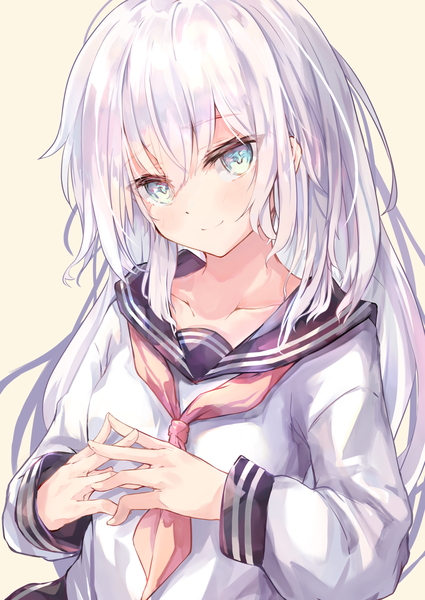Anime picture 1290x1821 with kantai collection hibiki destroyer koomoi single long hair tall image looking at viewer blush fringe simple background hair between eyes payot silver hair upper body long sleeves head tilt aqua eyes light smile yellow background hands clasped