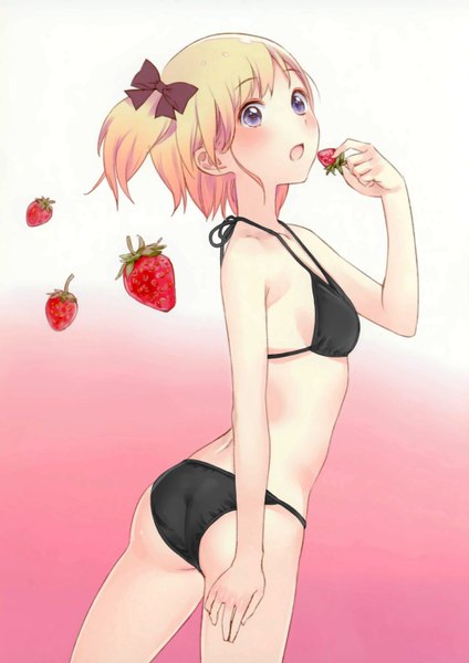 Anime picture 1975x2796 with fruits gift (artbook) kishida mel single tall image looking at viewer blush highres short hair breasts open mouth light erotic blonde hair purple eyes bare shoulders ass looking back bare belly turning head flat chest bare back
