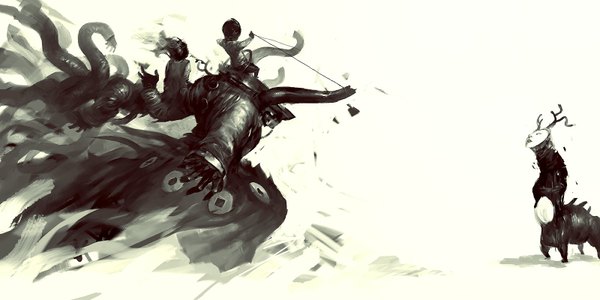 Anime picture 1600x800 with original tobiee wide image horn (horns) monochrome battle riding girl boy child (children) monster