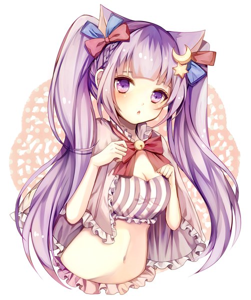Anime picture 914x1093 with touhou patchouli knowledge ukita uuko single long hair tall image looking at viewer blush fringe breasts light erotic simple background white background purple eyes twintails animal ears purple hair upper body blunt bangs braid (braids)