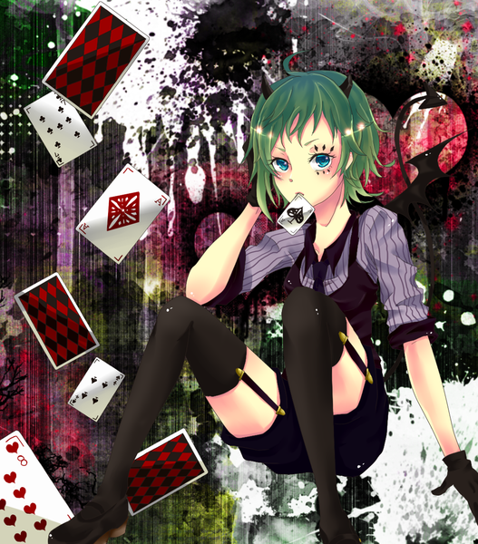 Anime picture 1058x1204 with vocaloid poker face (vocaloid) gumi tyuuko single tall image short hair blue eyes sitting ahoge green hair mouth hold facial mark demon tail face paint girl thighhighs black thighhighs shirt wings