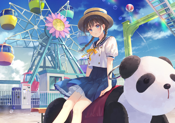 Anime picture 1363x960 with original fukahire (ruinon) single long hair looking at viewer blush fringe blue eyes brown hair sitting payot sky cloud (clouds) blunt bangs braid (braids) parted lips pleated skirt wind arm support short sleeves
