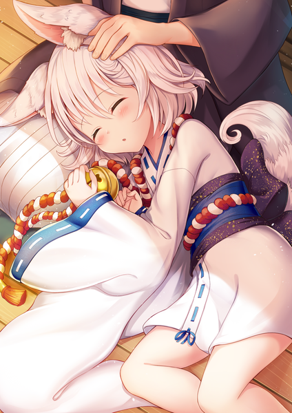 Anime picture 1061x1500 with original sakura ani tall image blush fringe short hair open mouth hair between eyes holding animal ears silver hair bent knee (knees) tail lying eyes closed long sleeves traditional clothes japanese clothes animal tail wide sleeves