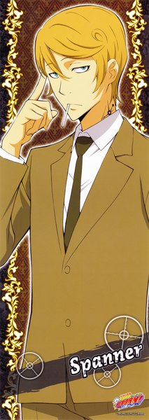 Anime picture 1439x4051 with katekyou hitman reborn spanner single tall image looking at viewer short hair blue eyes blonde hair tattoo character names boy necktie food sweets suit candy lollipop