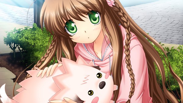 Anime picture 1280x720 with rewrite kanbe kotori long hair brown hair wide image green eyes game cg girl dog
