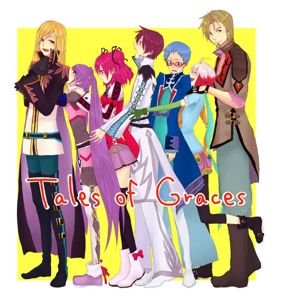 Anime picture 1342x1420 with tales of graces sophie (tales) asbel lhant cheria barnes richard (tales) pascal hubert ozwell malik caesars long hair tall image blush short hair open mouth blue eyes blonde hair brown hair multiple girls brown eyes blue hair pink hair