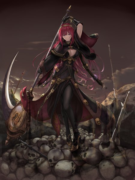 Anime picture 1500x2000 with original shisshou senkoku single long hair tall image fringe breasts smile standing purple eyes holding sky cleavage full body red hair high heels fur trim fighting stance girl gloves