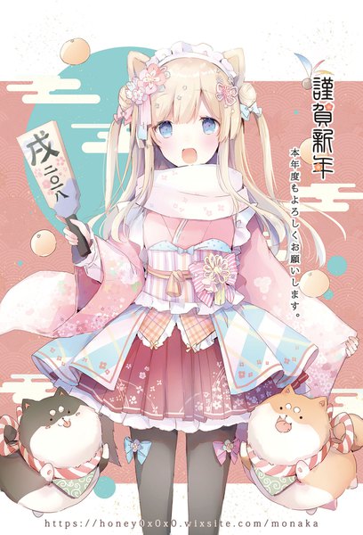 Anime picture 1187x1744 with original suzumori uina single long hair tall image looking at viewer blush open mouth blue eyes blonde hair standing animal ears :o two side up new year lolita fashion dog ears dog girl nengajou egasumi