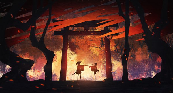 Anime picture 1000x536 with original someya mai wide image standing multiple girls outdoors traditional clothes japanese clothes profile wide sleeves outstretched arm silhouette backlighting girl weapon 2 girls plant (plants) hat sword tree (trees)