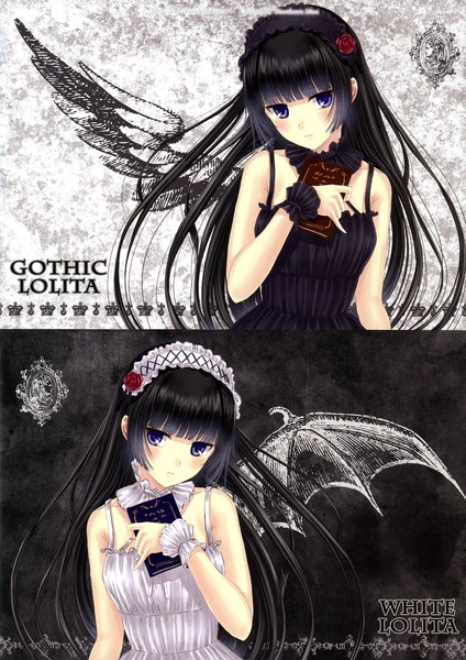 Anime picture 2137x3025 with kazuharu kina long hair tall image looking at viewer blush highres blue eyes black hair scan multiview lolita fashion goth-loli girl dress wings frills headdress book (books)