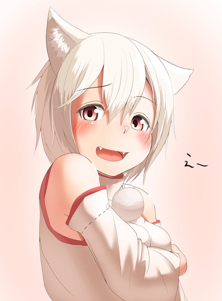 Anime picture 800x1085 with touhou inubashiri momiji kagarimachi konatsu single tall image looking at viewer blush fringe short hair breasts open mouth simple background smile hair between eyes red eyes bare shoulders animal ears upper body white hair traditional clothes