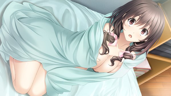 Anime picture 1280x720 with kiss ato hoshimi tsukuyo mikoto akemi single long hair looking at viewer blush breasts open mouth light erotic black hair wide image brown eyes game cg girl