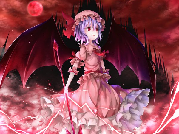 Anime picture 1350x1013 with touhou remilia scarlet rin yuu single short hair open mouth smile red eyes standing looking away sky purple hair cloud (clouds) lightning red moon girl dress wings headdress bonnet