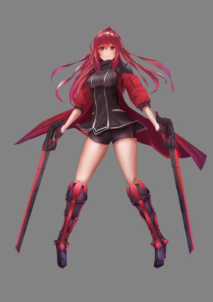 Anime picture 2894x4093 with original plaster (2501) single long hair tall image fringe highres light erotic hair between eyes red eyes standing holding full body red hair grey background serious girl gloves weapon sword