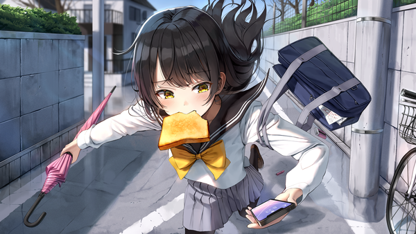 Anime picture 1920x1080 with original superpig (wlstjqdla) single long hair blush fringe highres black hair wide image holding yellow eyes outdoors blunt bangs long sleeves pleated skirt wind mouth hold looking down running closed umbrella