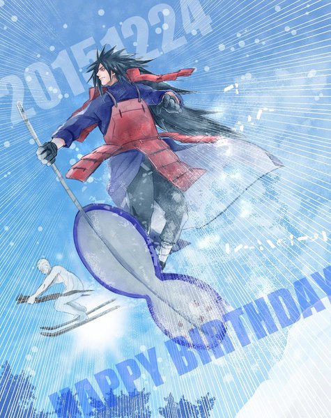 Anime picture 1024x1292 with naruto studio pierrot naruto (series) uchiha madara zetsu long hair tall image black hair full body very long hair profile multiple boys dated snowing winter snow mountain happy birthday spiked hair akatsuki