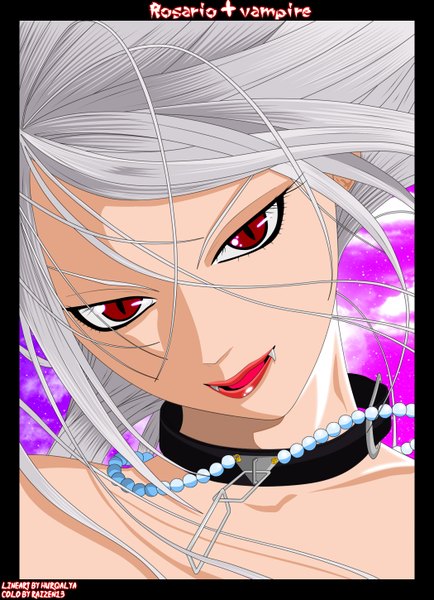 Anime picture 1050x1450 with rosario+vampire akashiya moka inner moka raizen13 single long hair tall image open mouth smile red eyes signed sky silver hair cloud (clouds) lips inscription teeth fang (fangs) coloring close-up