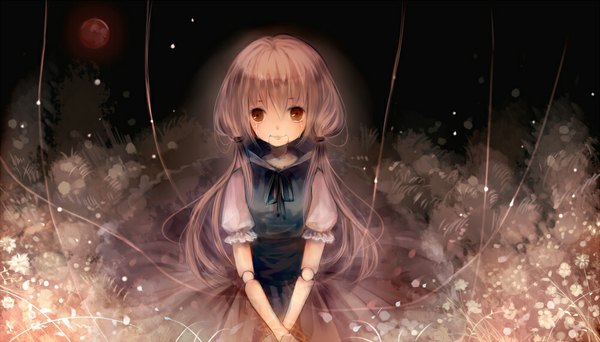 Anime picture 1000x571 with original hanchan single long hair looking at viewer brown hair wide image twintails brown eyes snow crying girl dress plant (plants) teardrop doll (dolls) thread