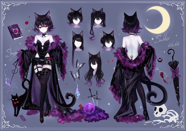 Anime picture 2000x1412 with original sheya long hair looking at viewer fringe highres short hair black hair hair between eyes red eyes standing twintails signed animal ears full body tail animal tail light smile from behind cat ears