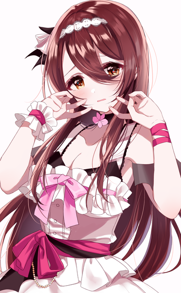 Anime picture 1238x2000 with idolmaster idolmaster shiny colors oosaki tenka sinsihukunokonaka single long hair tall image looking at viewer blush fringe breasts open mouth simple background hair between eyes brown hair standing white background brown eyes head tilt arms up