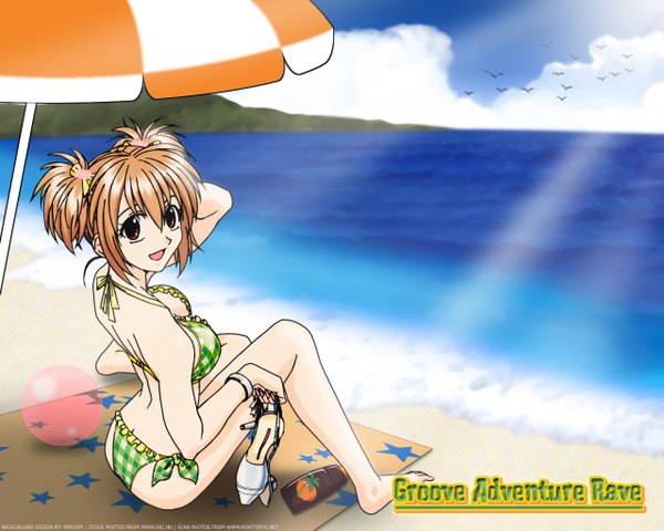 Anime picture 1280x1024 with single light erotic smile brown eyes sky beach girl swimsuit bikini water sea plaid bikini groove adventure rave