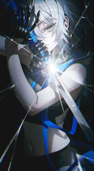 Anime picture 3315x6000 with original noubin single tall image looking at viewer fringe highres short hair blue eyes simple background hair between eyes standing absurdres silver hair arms up sparkle midriff black background covering eye (eyes) girl
