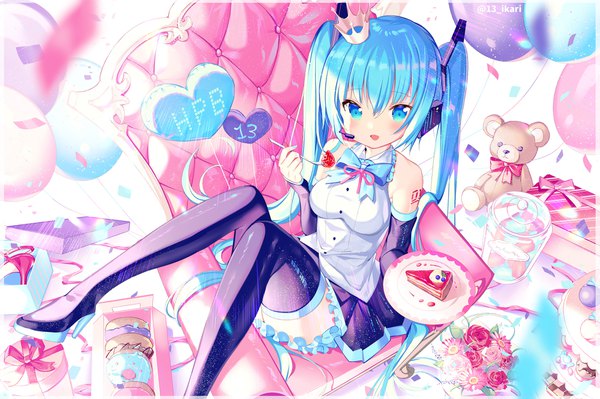 Anime picture 2000x1333 with vocaloid hatsune miku ikari (aor3507) single blush fringe highres open mouth blue eyes hair between eyes sitting twintails signed blue hair very long hair :d from above high heels twitter username girl