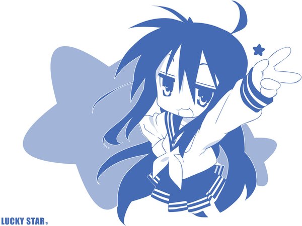 Anime picture 1024x768 with lucky star kyoto animation izumi konata single long hair looking at viewer open mouth white background ahoge arm up copyright name monochrome victory flat color girl star (symbol)