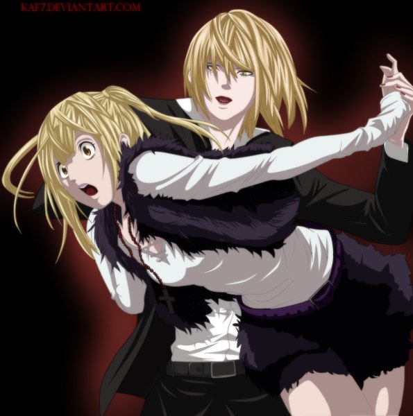 Anime picture 1200x1211 with death note madhouse amane misa mello (mihael keehl) aconst long hair tall image open mouth blonde hair smile twintails brown eyes yellow eyes nail polish lips coloring black background red nail polish girl boy