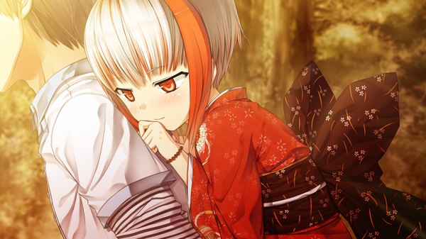 Anime picture 2560x1440 with monobeno sumi (monobeno) cura fringe highres short hair red eyes wide image game cg blunt bangs long sleeves japanese clothes multicolored hair wide sleeves loli floral print looking down girl bow shirt