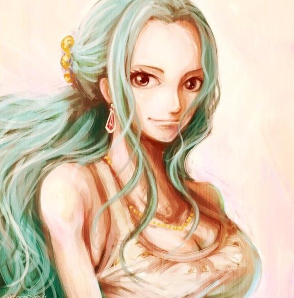 Anime picture 800x811 with one piece toei animation nefertari vivi torapunch single long hair tall image looking at viewer breasts simple background smile large breasts brown eyes cleavage upper body aqua hair face girl hair ornament earrings