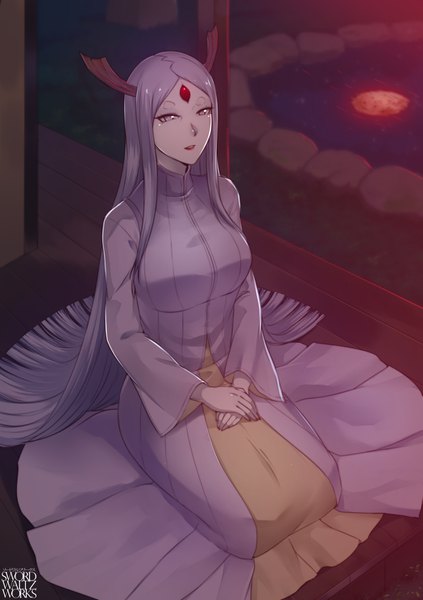 Anime picture 1049x1488 with naruto studio pierrot naruto (series) ootsutsuki kaguya swordwaltz single long hair tall image breasts red eyes large breasts sitting signed payot looking away silver hair full body nail polish parted lips horn (horns)