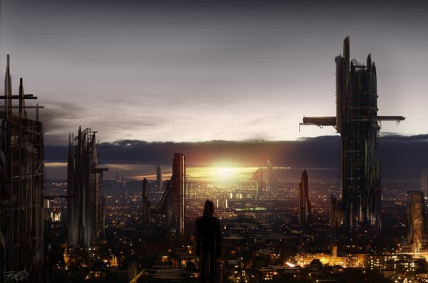 Anime picture 1448x960 with original firefly2347 (artist) city evening sunset cityscape panorama skyscraper