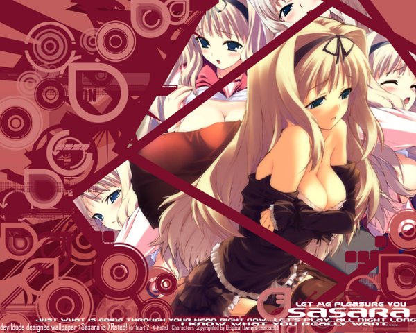 Anime picture 1280x1024 with to heart 2 leaf (studio) kusugawa sasara long hair breasts open mouth blue eyes light erotic blonde hair large breasts bare shoulders signed eyes closed copyright name character names skindentation multiview third-party edit girl thighhighs