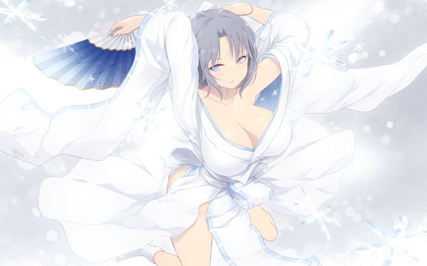 Anime picture 1920x1200 with senran kagura senran kagura shinovi versus yumi (senran kagura) cait single looking at viewer blush fringe highres short hair breasts blue eyes light erotic holding cleavage traditional clothes japanese clothes from above grey hair wide sleeves