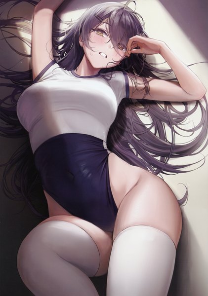 Anime picture 4888x6967 with original ame (uten cancel) single long hair tall image looking at viewer blush fringe highres breasts light erotic black hair yellow eyes absurdres ahoge bent knee (knees) lying parted lips from above hair over one eye