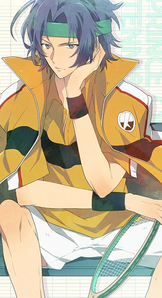 Anime picture 489x900 with prince of tennis yukimura seiichi nic (kevin) single tall image short hair sitting purple eyes blue hair looking away arm support copyright name boy shorts hairband wristlet white shorts tennis racket